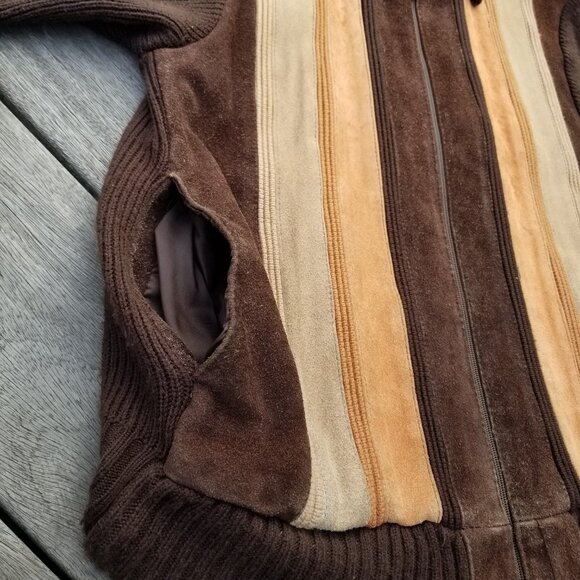 Vintage 70s Suede Leather Sweater Jacket Mens Medium Brown Orange Retro Stripe - Picture 7 of 15